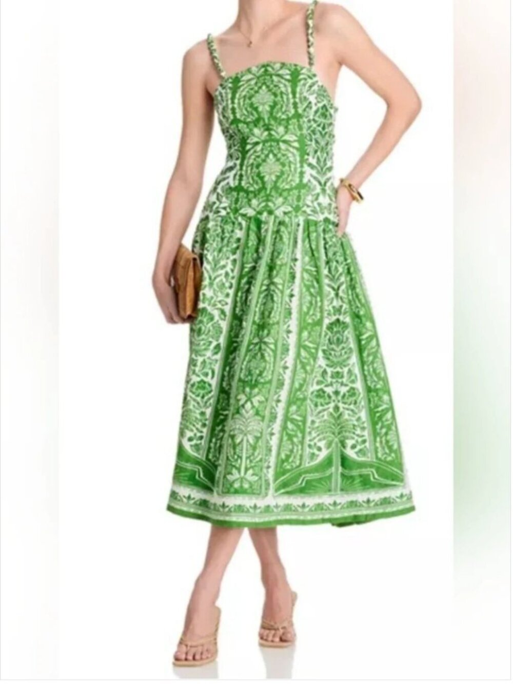 Farm Rio Delicate Tapestry Print Linen Midi Green Dress size L